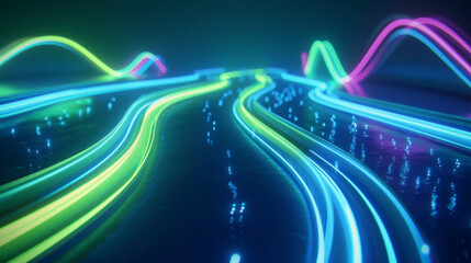 A colorful, neon-lit road with a blue sky in the background - obrazy, fototapety, plakaty
