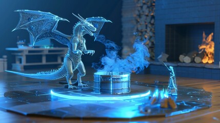A blue translucent dragon and a man playing a tabletop role-playing game