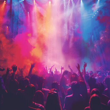 A crowd of people are dancing and singing in front of a colorful light show