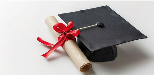 Graduation academic hat with tassel and university diploma scroll on white background.