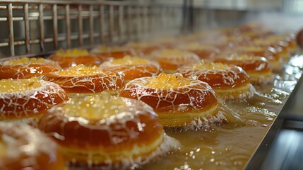 Doughnuts being fried in oil, a delicious fast food dessert - obrazy, fototapety, plakaty