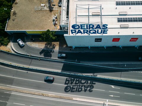 Aerial drone view of Oeiras Park shopping centre in Oeiras, Lisbon, Portugal