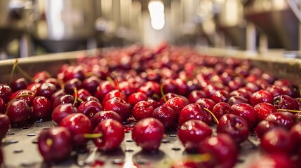 Fresh Dewy Cherries on Stainless Steel Conveyor Belt in Modern Processing Facility. Industrial Food Production. Preparation stage for cherry beer in a brewery. AI Generated - obrazy, fototapety, plakaty