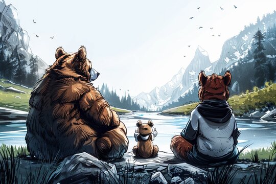 A cartoon family of bears sitting on a rock outcropping looking at a mountain lake.