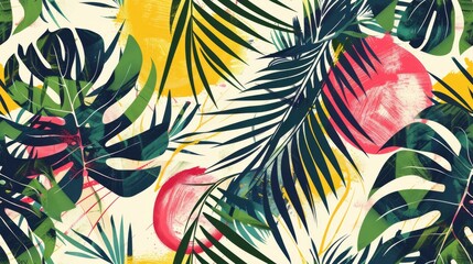 Naklejka premium The refreshing allure of a seamless pattern filled with tropical elements such as exotic leaves with simple geometric shapes, offering a bright and cheerful summer jungle print perfect for infusing wa
