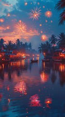 Fototapeta premium Vibrant fireworks lighting up the predawn sky on Vishu, reflecting over a tranquil river with traditional Kerala homes in the background. Vertical banner. AI Generated