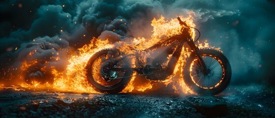 E-Bike Blaze: A Cautionary Tale of Battery Safety. Concept E-Bike Safety, Battery Management, Electric Bike Accessories, Preventing Accidents, Environmental Impact - obrazy, fototapety, plakaty