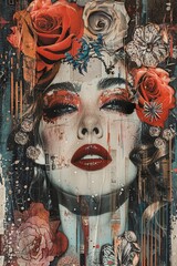 Abstract Art Nouveau Collage with Woman Portrait. Floral Elements And Urban Texture Over A Female Face. Fusion Of Nature And Industrial. Modern Art. AI Generated