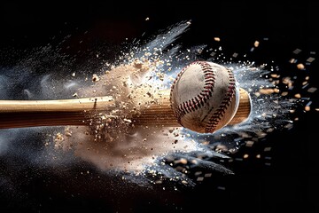 A close shot of a bat hitting a baseball with a field backdrop with big space for text or product advertisement, Generative AI.