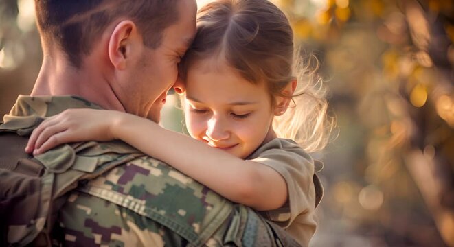 Military reunion between father and daughter hugging at front house.