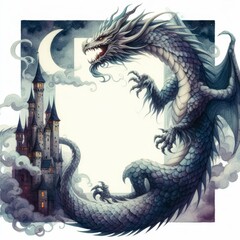 Dragon and Castle Fantasy Illustration in Moonlight - obrazy, fototapety, plakaty