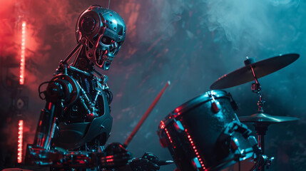 A robot is playing a drum set in a dark room