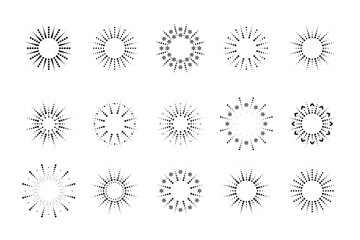 Fireworks. Vintage sunburst collection. Bursting sun rays.Logotype or lettering design element. Radial sunset beams. Vector illustration.