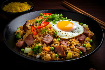 Fototapeta premium Fried Rice, Savory rice dish, vegetables, meat, eggs