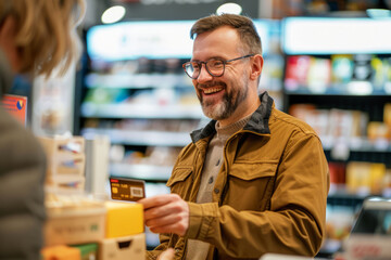 Happy male customer paying with a credit card in a store. Generative AI - obrazy, fototapety, plakaty