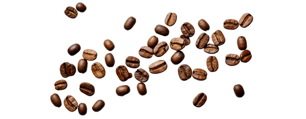 Coffee beans floating in the air isolated on transparent background