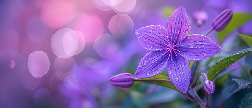 A close shot of purple garlic vine flower blooming with a blurry nature backdrop with a big space for text or product, Generative AI.