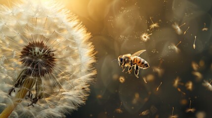 A photo of a real honey bee in flight from a large circular dandelion blossom