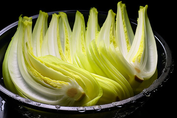 A backlit image of sliced napa cabbage on a black background