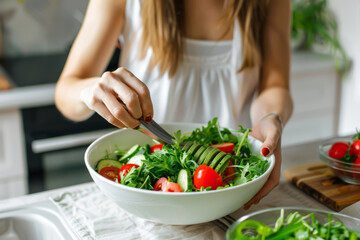 Obraz na płótnie Canvas Elegant woman is preparing a refreshing salad in a contemporary kitchen. Generative AI