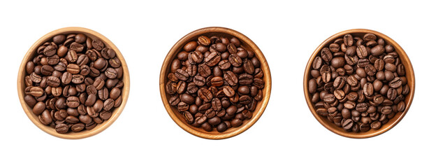 coffee beans in a wooden cup top view on white background for clipa