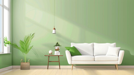 A white couch sits in a room with a green wall and a potted plant