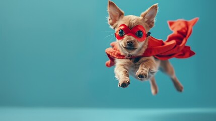 Chihuahua dog in blue cape and mask soaring through sky