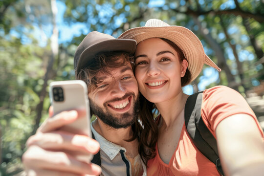 Happy traveling couple making selfie with smartphone. Generative AI