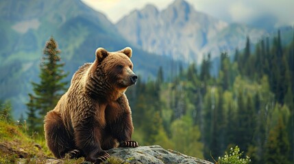 Big grizzly bear portrait in the mountains with forest and cliff background. - obrazy, fototapety, plakaty