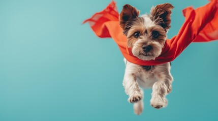 A masked dog in a red cape jumps playfully in the air