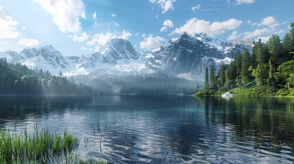 The beauty of nature: lake and mountains. AI.