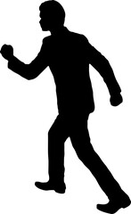 Silhouette of a running man in action with sport elements like a football and karate stance in vector illustration style.