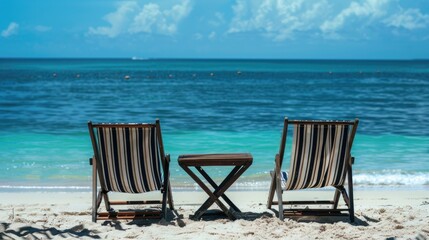 Beach loungers and a table set with striped fabric in the middle of a sandy beach with the sea in the background