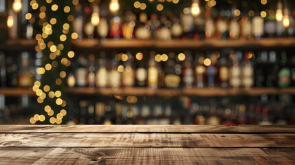 A blurry shot of a bar with a wooden counter and shelves full of liquor - obrazy, fototapety, plakaty