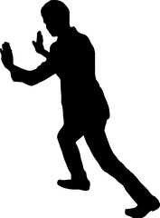 Silhouette of a person holding a gun and a sword, engaging in various sports and activities like karate, football, and dance.