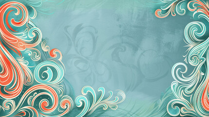 Fototapeta na wymiar Hand-drawn border with vibrant teal and coral swirls, suited for travel brochures.