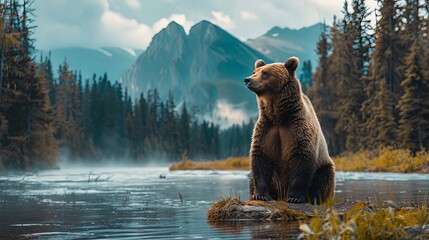 Closeup portrait of big brown bear grizzly in the mountains with cliff and forest mountain background.