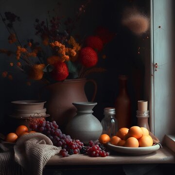 still life with fruits and berries. Fruit plate. Still Life. Table with fruits and flowers. Beautiful fruits lying on a wooden table.