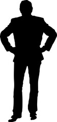 Vector illustration of a silhouette businessman standing in a suit, alongside a sketch of a woman and a man.