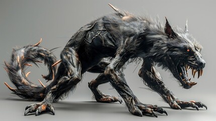 a black werewolf with sharp teeth is standing on a gray surface - obrazy, fototapety, plakaty