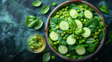   A table holds a bowl filled with cucumbers and spinach, nearby rests a small glass of green pesto