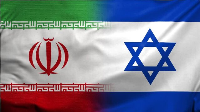 Waving Combined Iran and Israel Flag Video Background. Realistic Slow Motion Animation in 4K Loop Motion Graphics. Concept of Tension, Unity, Peace, and Relationship between Iran and Israel.