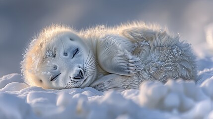   A baby seal naps atop a snowdrift, eyes closed, head atop piles of white, fluffy snow - obrazy, fototapety, plakaty