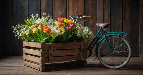Fototapeta na wymiar Vintage bicycle with flowers in basket, Florist or spring bloom with copy space