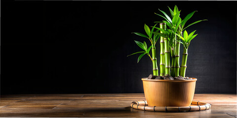 a pot with bamboo stands on a black background AI generation, design, wallpaper, desktop wallpaper,...