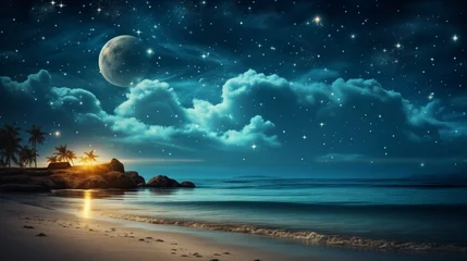 Foto op Canvas Vintage retro artwork of fantasy tropical beach with starry night sky, full moon, and tropical vibes © Aliaksandra