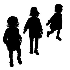 Three vector silhouettes of different angles of a little girl in a whip, the child is walking, standing, running away