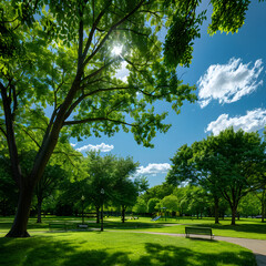 Fototapeta na wymiar Serene Wilderness and Urban Interface: A Sunny Day View of Oz Park, Chicago