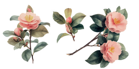 Camellia branches with flowers and leaves