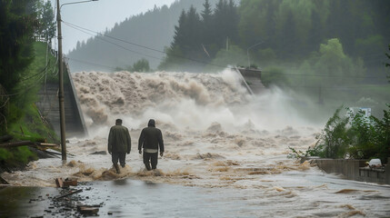 The dam with hydroelectric power plant and irrigation and flood protection. Two man are going through the water